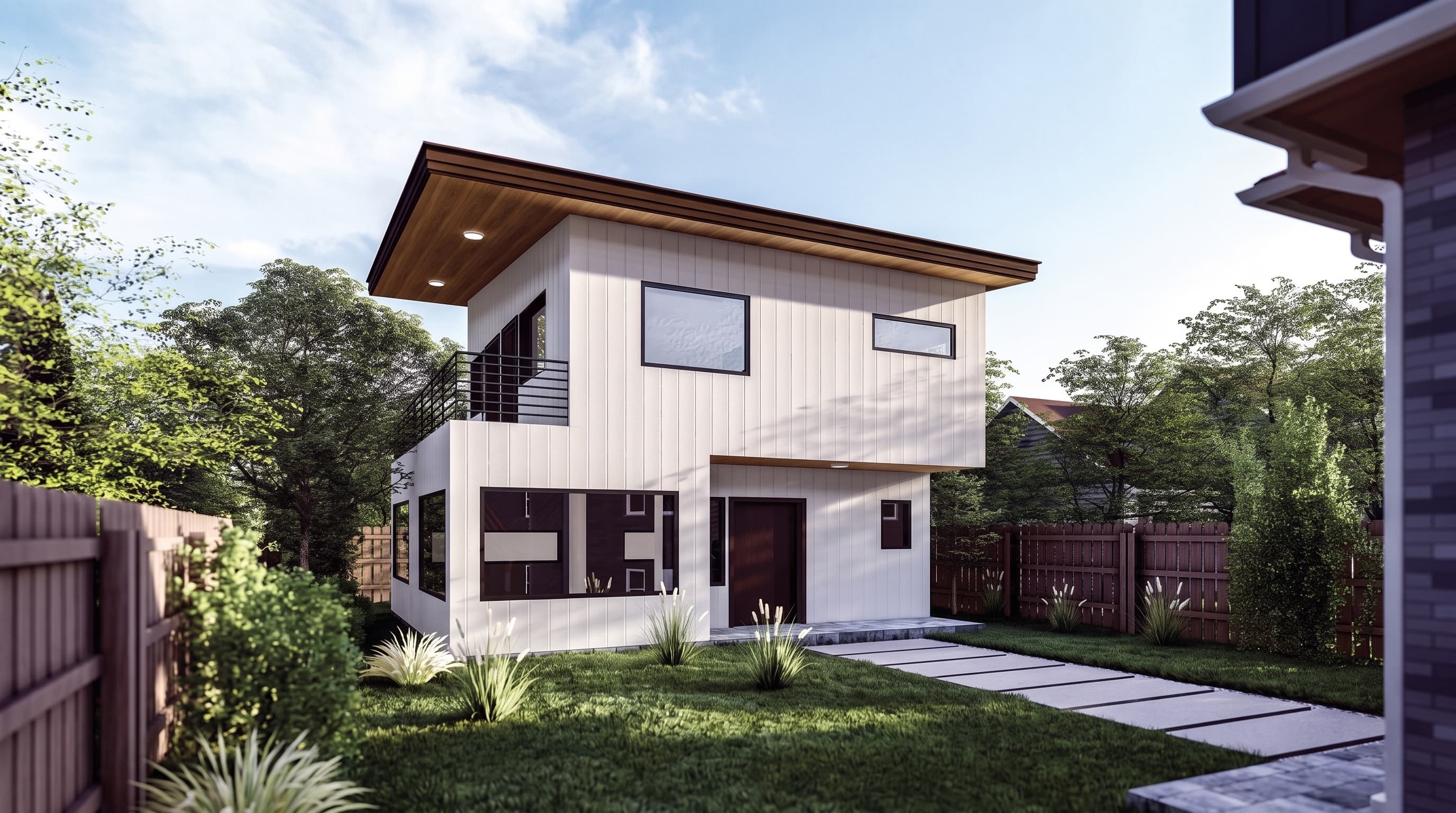 A two-story modern backyard ADU with a cantilevered wood-soffit roof, upstairs balcony, and white vertical siding, set in a landscaped Southern California backyard with a paver walkway